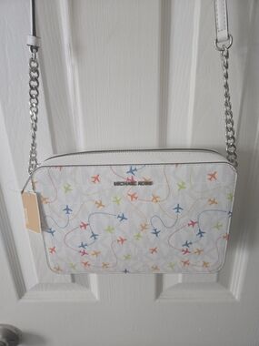 Michael Kors White Crossbody Bag with Multicolor Airplane Print